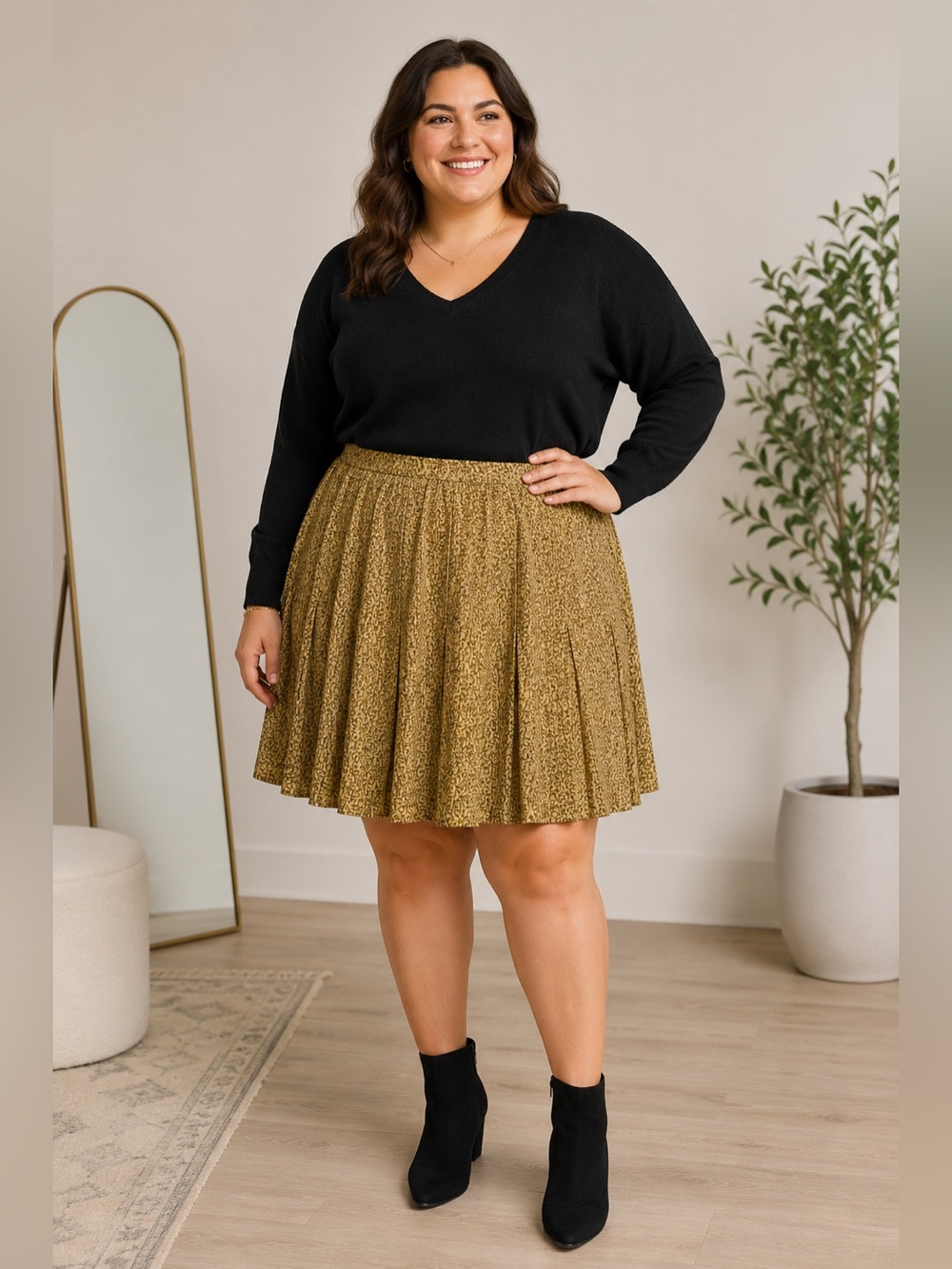 Kasper 18W Yellow Brown Print Skirt Pleated Flowy A-Line Plus Size